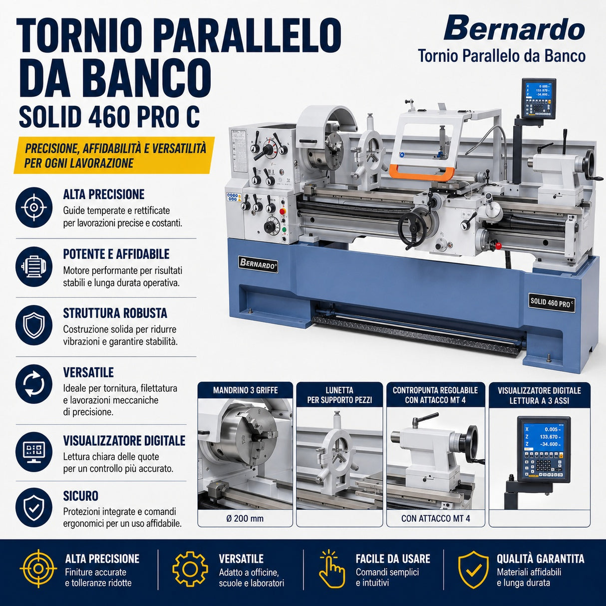 Bernardo Solid 460 x 1500 Pro Metalldrehmaschine mit 3-Achsen-Digitalanzeige