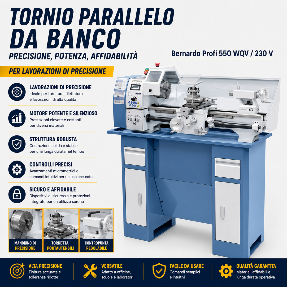 Bernardo Profi 550 WQV Metalldrehmaschine – Spitzenweite 550 mm, Ø 250 mm am Bett, Spindelbohrung Ø 26 mm Kegel MT 4, 0,75 kW 230 V Einphasenmotor, digitale Drehzahlanzeige, Gewicht 120 kg