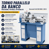 Bernardo Profi 550 WQV Metalldrehmaschine – Spitzenweite 550 mm, Ø 250 mm am Bett, Spindelbohrung Ø 26 mm Kegel MT 4, 0,75 kW 230 V Einphasenmotor, digitale Drehzahlanzeige, Gewicht 120 kg