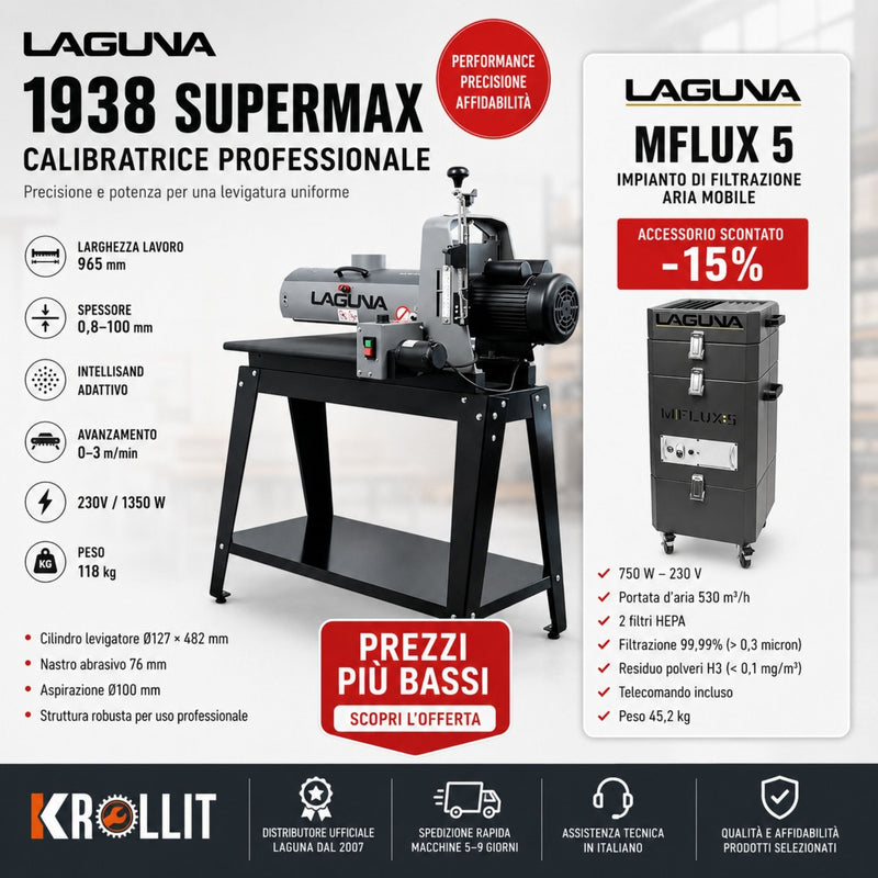 Laguna 1938 SuperMax Kalibrierschleifmaschine Kombi + Laguna MFlux 5 Absauganlage
