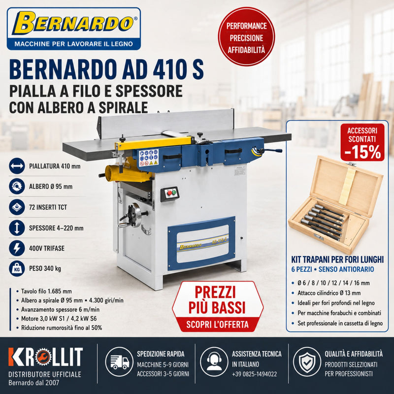 Bernardo AD 410 S Abricht- und Dickenhobel Kombi + 6-teiliges Langlochbohrer-Set