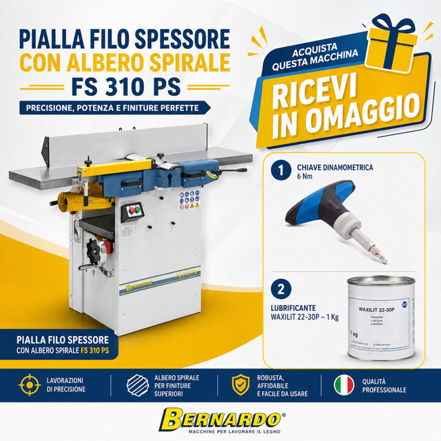 Macchina combinata pialla a filo e spessore Bernardo FS 310 PS alimentazione 230V, dotata di albero a spirale per piallatura precisa, riduzione delle vibrazioni e finitura superiore del legno.