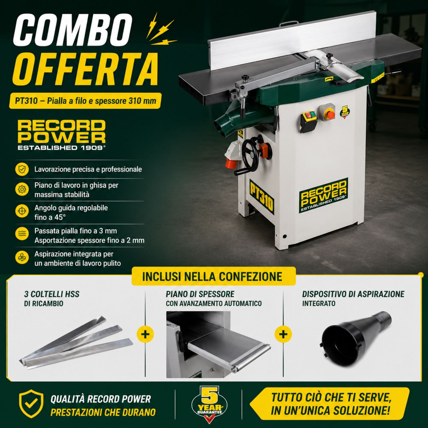 Pialla filo e spessore Record Power PT310 larghezza 310 mm in versione combo con accessori inclusi, ideale per lavorazioni precise e finiture professionali del legno.