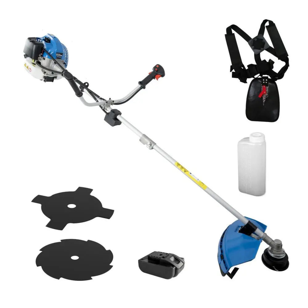 Asta lunga 1.870 mm consente accesso a siepi elevate senza scale. Tracolla vibrante regolabile riduce fatica operatore e ammortizza oscillazioni motore. Impugnatura ergonomica posizionata per controllo equilibrato durante taglio filo e disco.

