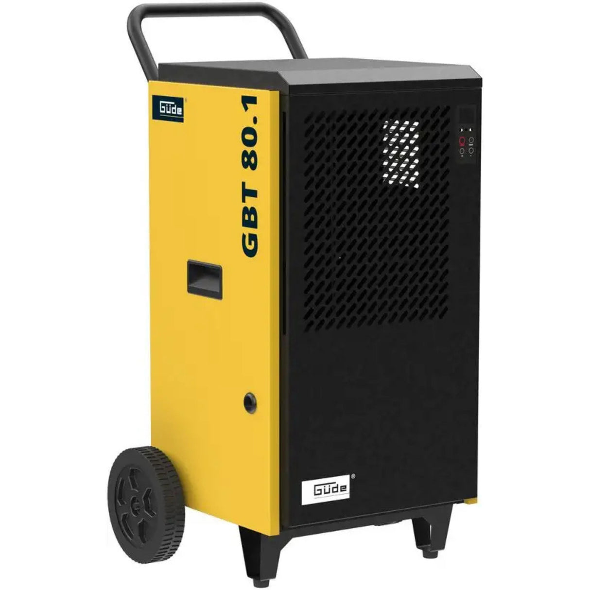 Deumidificatore Güde GBT 80.1 per disumidificazione ambienti 50-160 m². Motore 1300W 230V, portata aria 400 m³/h, capacità 80 litri al giorno. Tubo scarico permanente, hygrostat regolabile, auto-stop, filtro lavabile. Protezione antigelo automatica. Cantiere, restauro, asciugamento professionale.