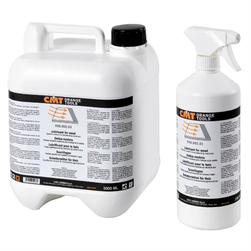 Flacone da 1 litro di lubrificante CMT FORMULA 998, ideale per prevenire la resina sugli utensili e migliorare lo scorrimento del materiale durante la lavorazione del legno.