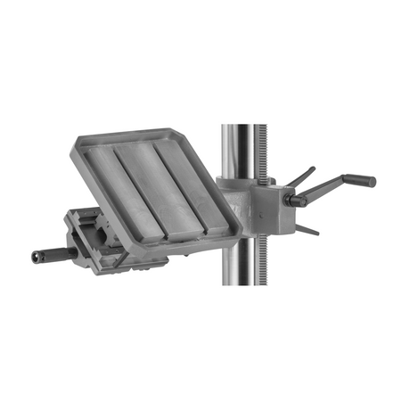 Tavolo quadrato da 350×350 mm con rotazione 360° e morsa da 120 mm, compatibile con trapani Flott 40 Plus, 40 MV Plus e 40 NC Plus tramite riduzione a Ø125 mm.
