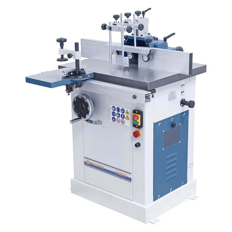Vista della fresatrice T 600 R con tavolo in ghisa, piano a rulli laterale, guida angolare e accessori inclusi per la lavorazione precisa del legno.