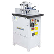 La fresatrice verticale T 650 vista frontalmente con guida regolabile, manicotto abrasivo e struttura in acciaio verniciato.
