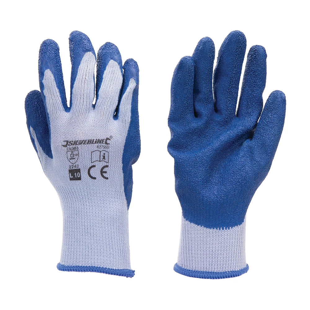 Guanti Silverline in cotone poliestere con palmo in lattice, finitura rugosa e polsino a maglia. Resistenti ad abrasioni e punture, ideali per uso generico.