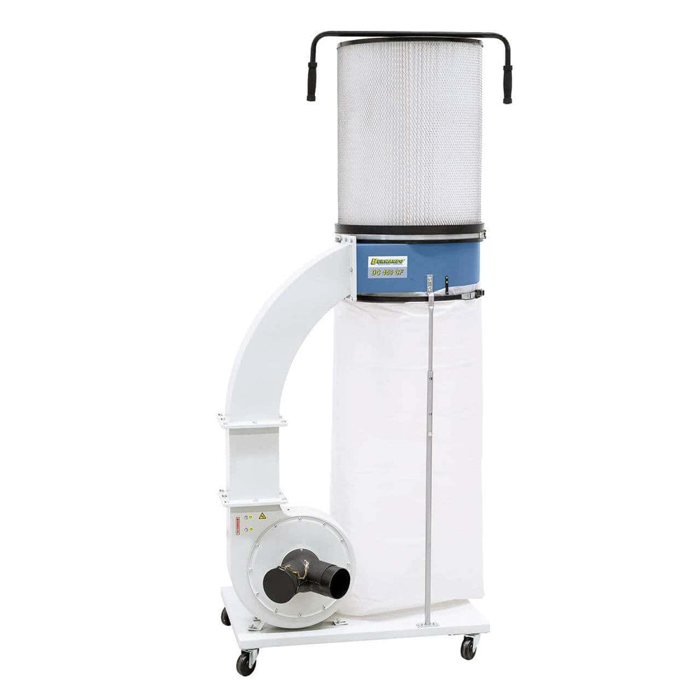 Impianto di aspirazione per polveri sottili Bernardo DC 450 CF con filtro a cartuccia FP 2 e carrello integrato, ideale per la lavorazione del legno in ambienti professionali.