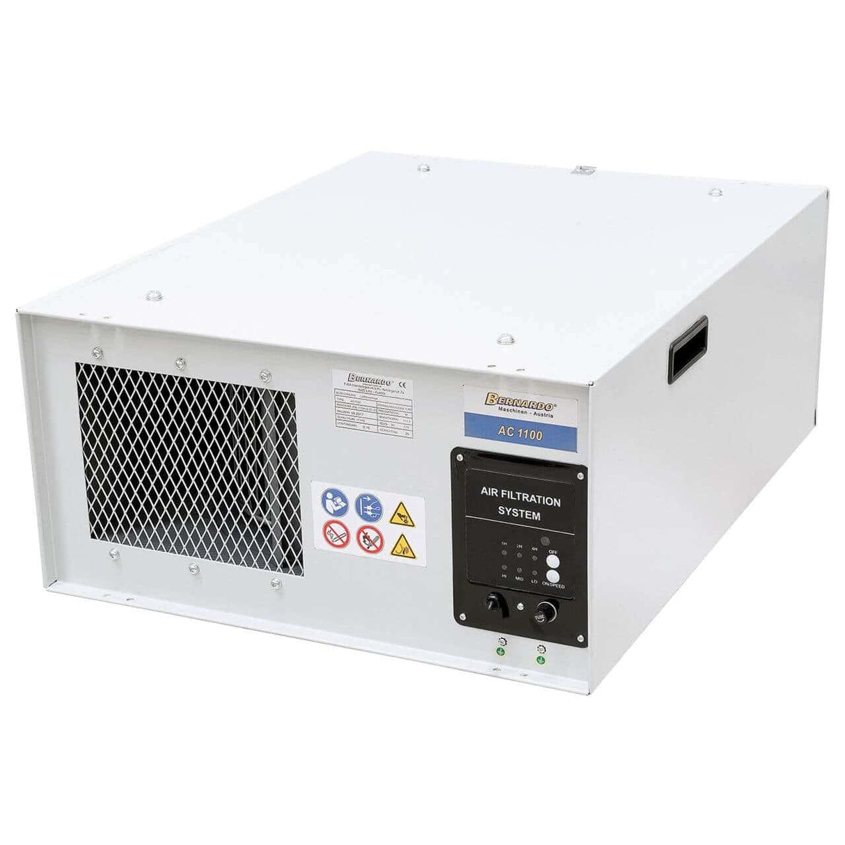 Impianto di filtrazione dell’aria Bernardo AC 1100 con doppio filtro da 1 e 5 micron, telecomando e ganci di sospensione, ideale per ambienti fino a 55 m².