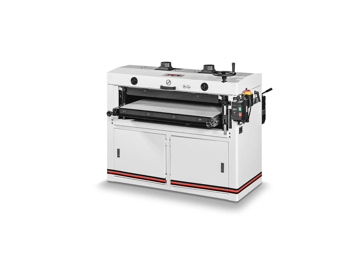 Levigatrice JET DDS-237 con doppio rullo indipendente, motore 7,5HP, avanzamento automatico e struttura in ghisa per lavorazioni professionali del legno.