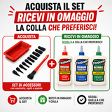 Kit IGM con 10 applicatori in silicone per tasselli 6–12 mm, DOMINO, biscuit, scanalature e fessure, vaschetta silicone e manico in plastica, in combo con colla Titebond a scelta