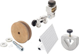 Vista del kit Record Power WG250-WP composto da dime di affilatura e ruota in cuoio profilata dedicate agli utensili da tornitura del legno.