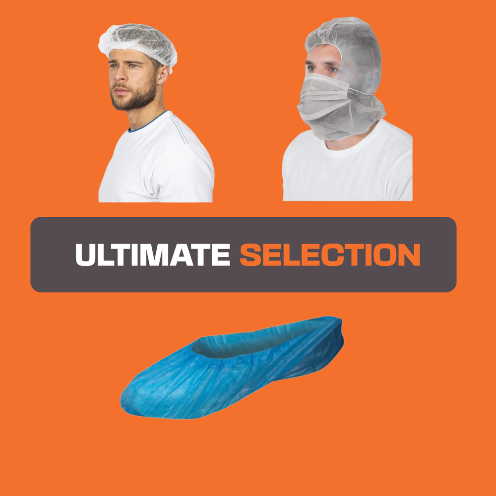 Kit Ardon composto da cappucci Astro-cap con mascherina, copriscarpe LUKE e cuffie ULA per protezione igienica completa in ambienti professionali.