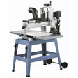 Vista frontale della levigatrice a cilindro ZSM 405 con stand a rulli, prolunghe laterali e nastro abrasivo installato, ideale per pannelli e telai.