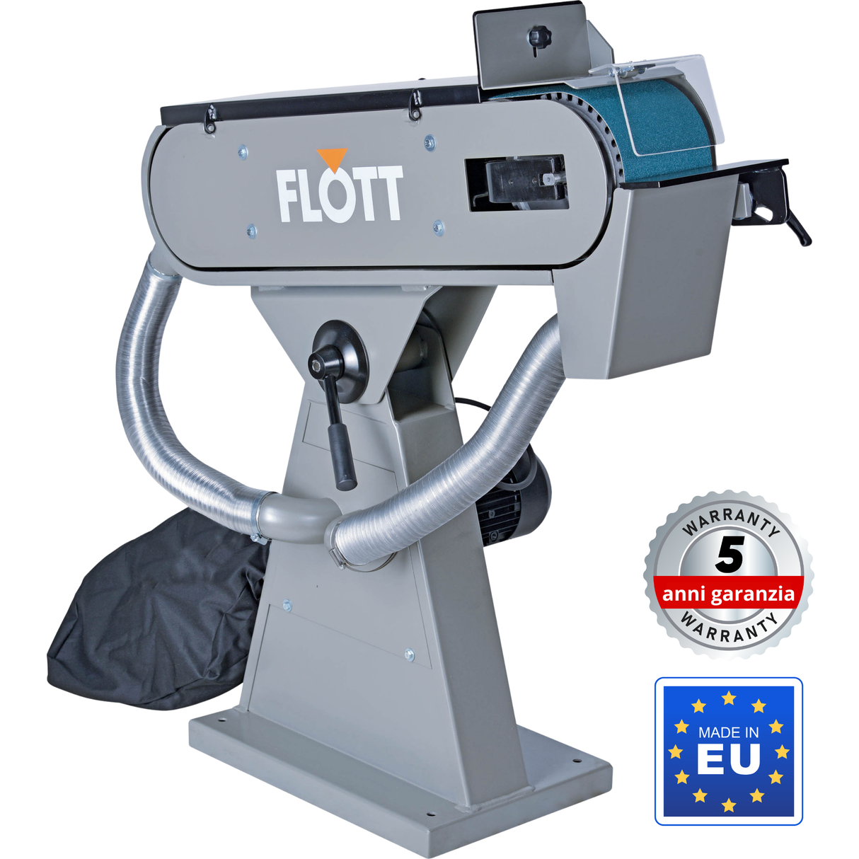 Levigatrice a nastro Flott BSM 150 con rullo bombato, guida regolabile e motore trifase da 3,75 kW.