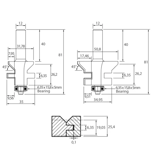 Set di frese IGM M142 per giunzione a V maschio/femmina, incastro maschio e femmina - D50,8 x 29,65 t19,05-25,4 L81 S=12 HW