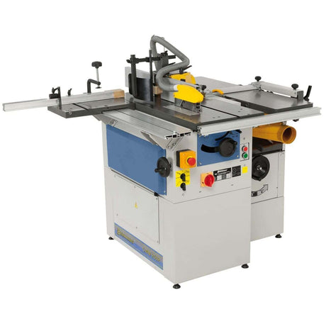Vista completa della CWM 250 R con corpo macchina in ghisa, tavolo a rulli, lama montata e guida in alluminio, pronta all’uso in un laboratorio artigianale.