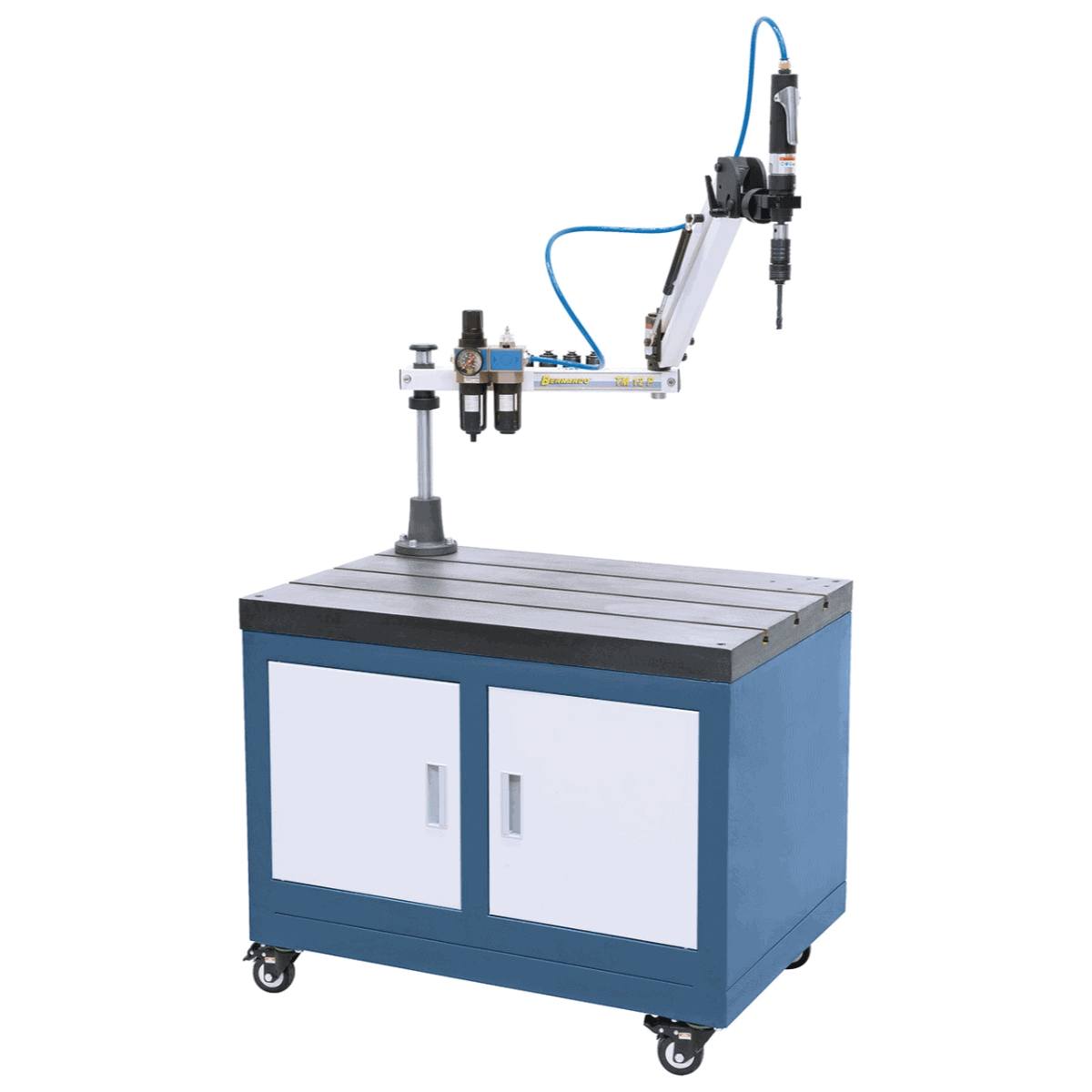 Bernardo Filettatrice pneumatica TM 12 P / R 1000 con braccio snodato 1000 mm, mandrino rapido con frizione di sicurezza e angolazione 0°-90°.