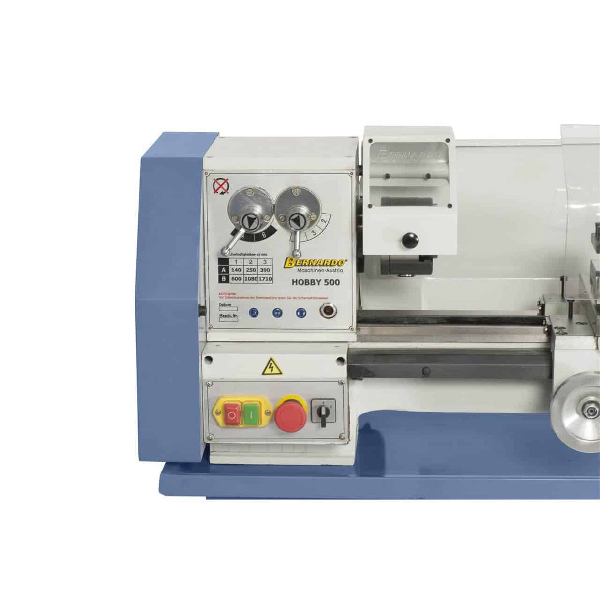 Bernardo Hobby 500 Metalldrehmaschine (400 V) – 500 mm Spitzenweite, automatischer Vorschub, 0,55 kW Motor, 400 V Drehstrom, Gewicht 130 kg