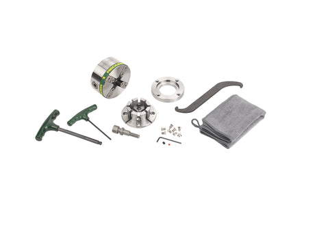 Mandrino professionale Record Power Victory ASR M33 DT con ganasce modulari VersaLock da 50 mm, anello flangia e accessori per tornitura sicura e precisa.