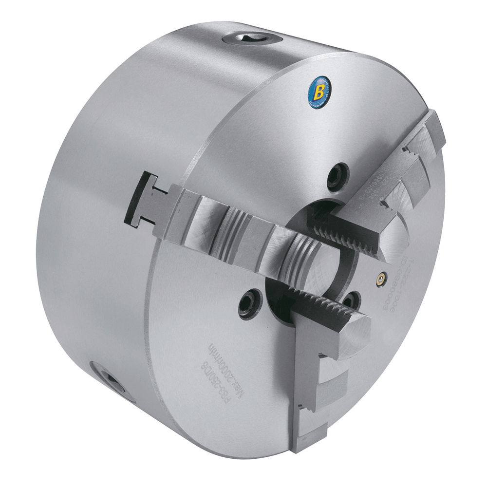  Vista frontale del mandrino standard Bernardo PS3-250/D6 in ghisa con griffe installate, compatibile con attacco Camlock DIN 55029 tipo D6.