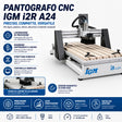 Pantografo CNC IGM i2R A24, struttura in acciaio saldato, guide prismatiche su tre assi e piano in alluminio 40 mm con inserti MDF