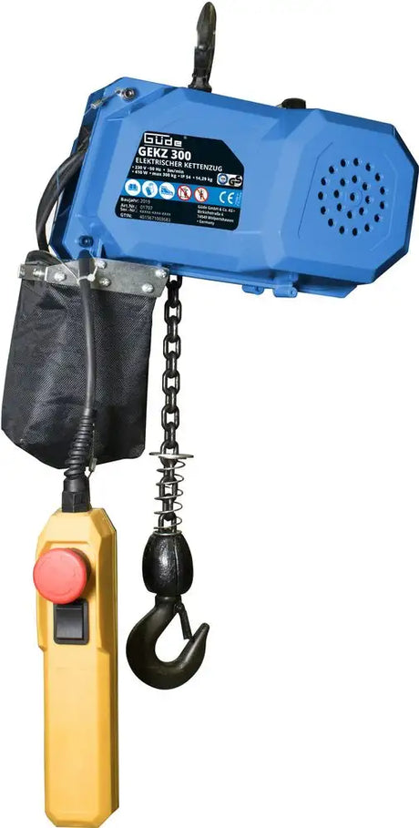 Paranco elettrico a catena Güde GEKZ 300 con catena 3 m, portata 300 kg, motore monofase 410 W e grado di protezione IP54
