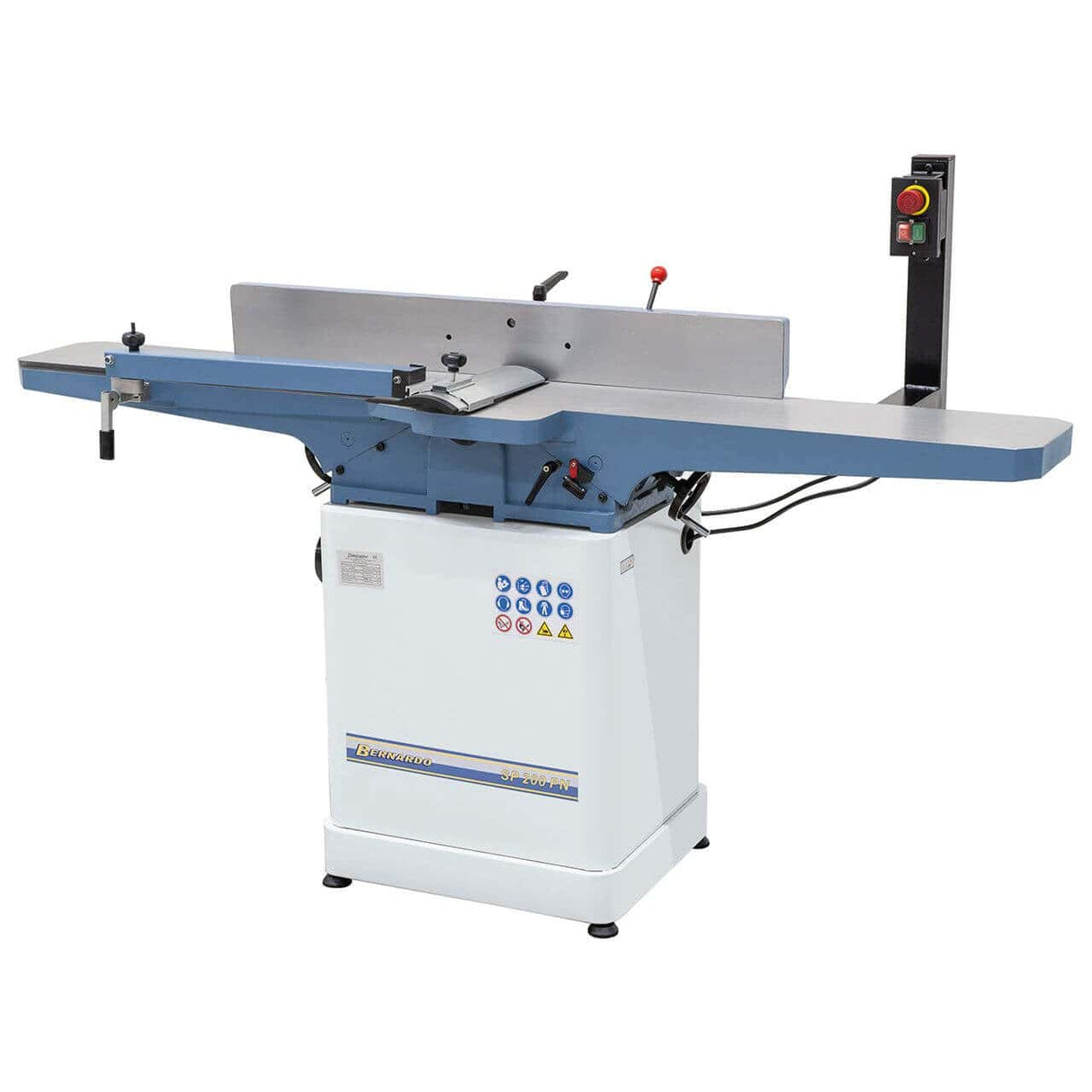 Pialla a filo Bernardo SP 200 PN 400 V con tavoli in ghisa, recinzione inclinabile e albero pialla a 4 coltelli HSS, ideale per lavorazioni professionali di tavole, assi e travi.