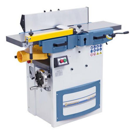 Pialla a filo e spessore Bernardo AD 260 400 V con tavoli in ghisa rettificata, recinzione inclinabile e albero pialla a 3 coltelli HSS, ideale per falegnamerie e laboratori professionali.
