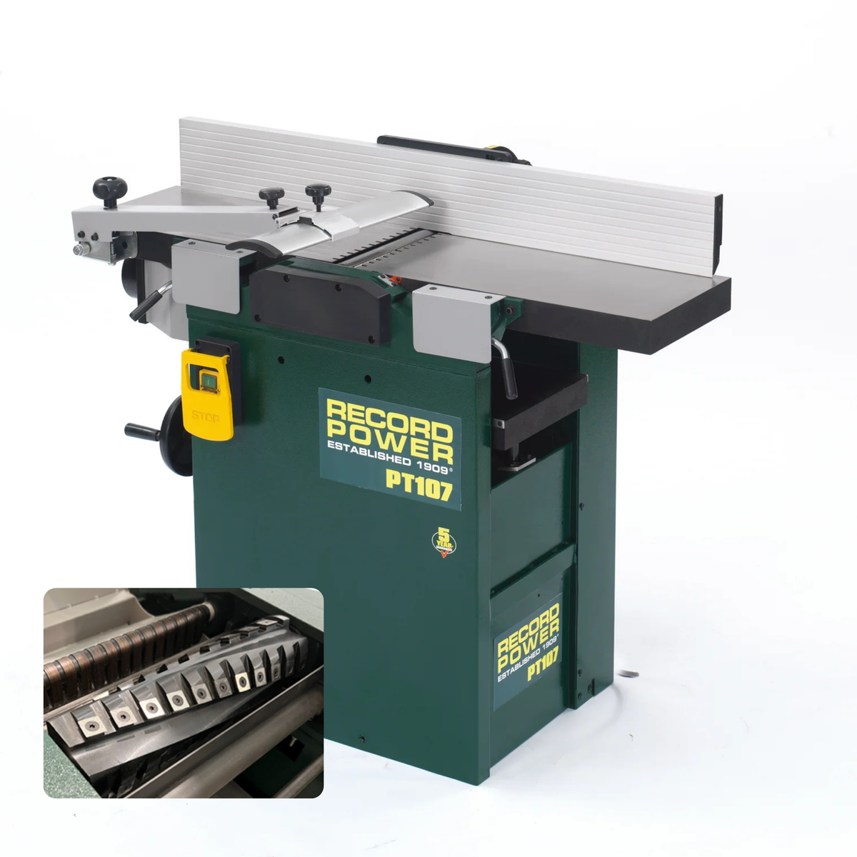 Pialla a filo e spessore Record Power PT107 con albero a spirale, larghezza di lavoro 265 mm, disponibile in versione a 2 file o 4 file per uso professionale.