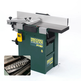 Pialla a filo e spessore Record Power PT107 con albero a spirale, larghezza di lavoro 265 mm, disponibile in versione a 2 file o 4 file per uso professionale.