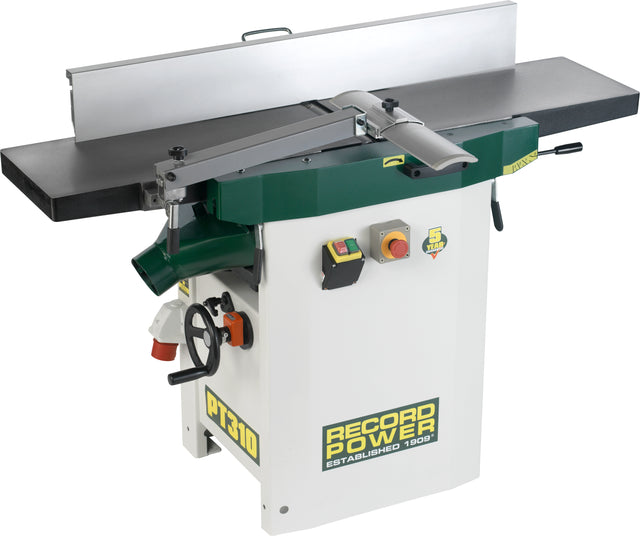 Pialla a filo e spessore Record Power PT310-HB con larghezza di lavoro da 310 mm e albero a spirale, ideale per falegnamerie professionali.