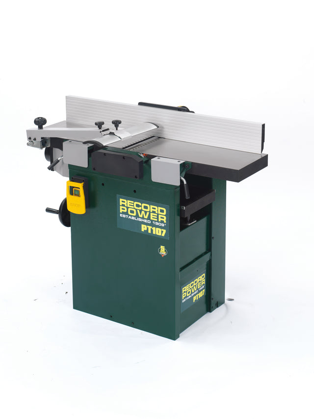 Pialla combinata Record Power PT107 con tavole in ghisa, larghezza di lavoro 265 mm e motore da 2,2 kW, ideale per falegnamerie professionali.