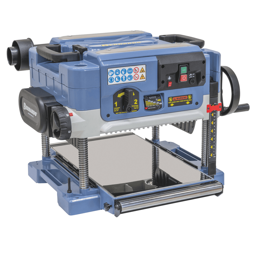 Pialla a spessore Bernardo TH 330 Pro-S 230V con albero a spirale e inserti HM, tavolo estensibile e aspirazione integrata, ideale per lavorazioni professionali del legno.
