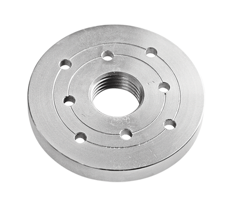 Piastra frontale Record Power in acciaio con filettatura M33 x 3,5 mm, disponibile nei diametri 4" e 6" per tornitura frontale del legno.