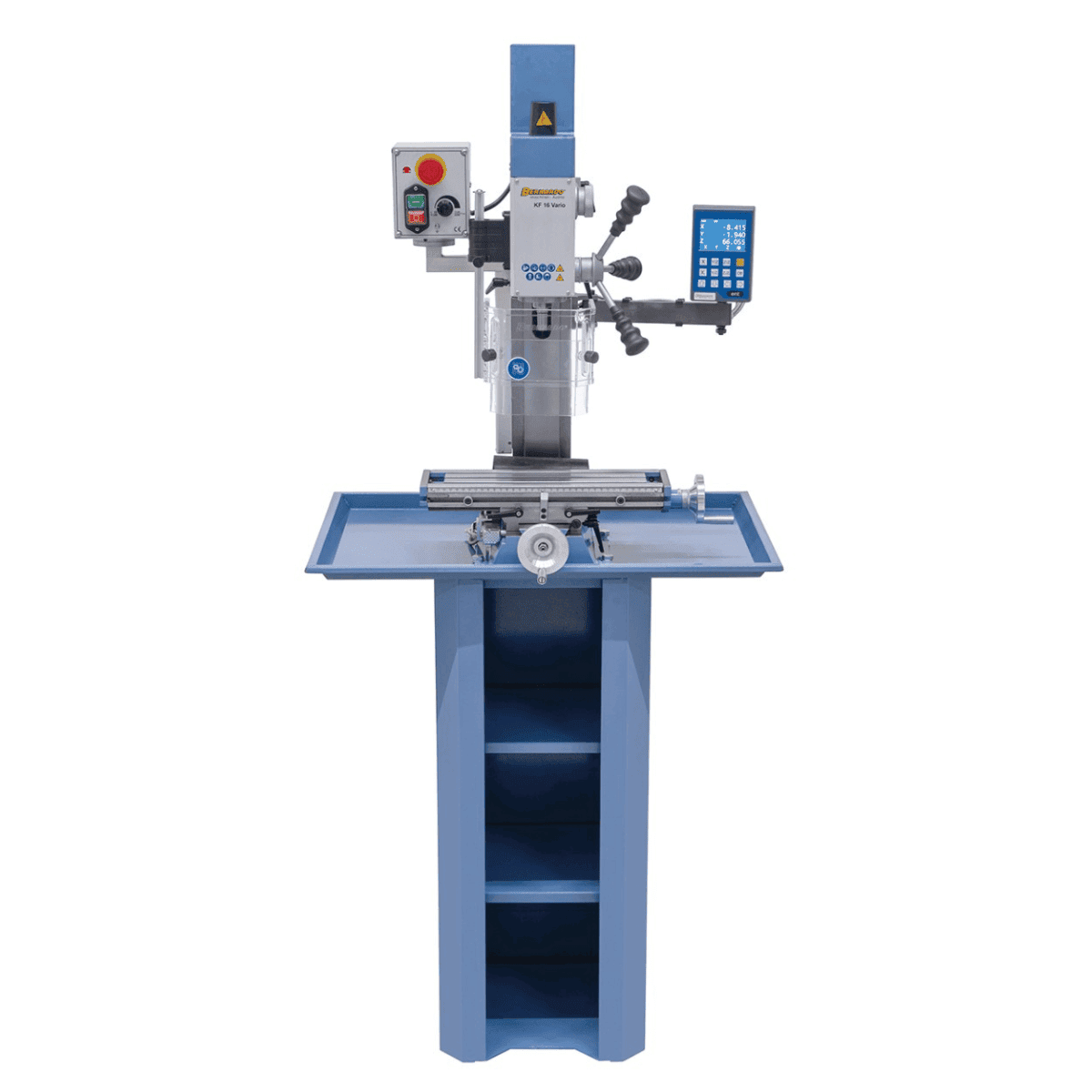 Bernardo KF 16 Vario Bohr- und Fräsmaschine mit 3-Achs-Digitalanzeige DT 40 – Bohrer Ø 16 mm, Planfräser Ø 50 mm, Tisch 400 × 120 mm, Schwenkkopf -90°/+90°, 0,5 kW Motor, 230 V Einphasenstrom, Gewicht 60 kg