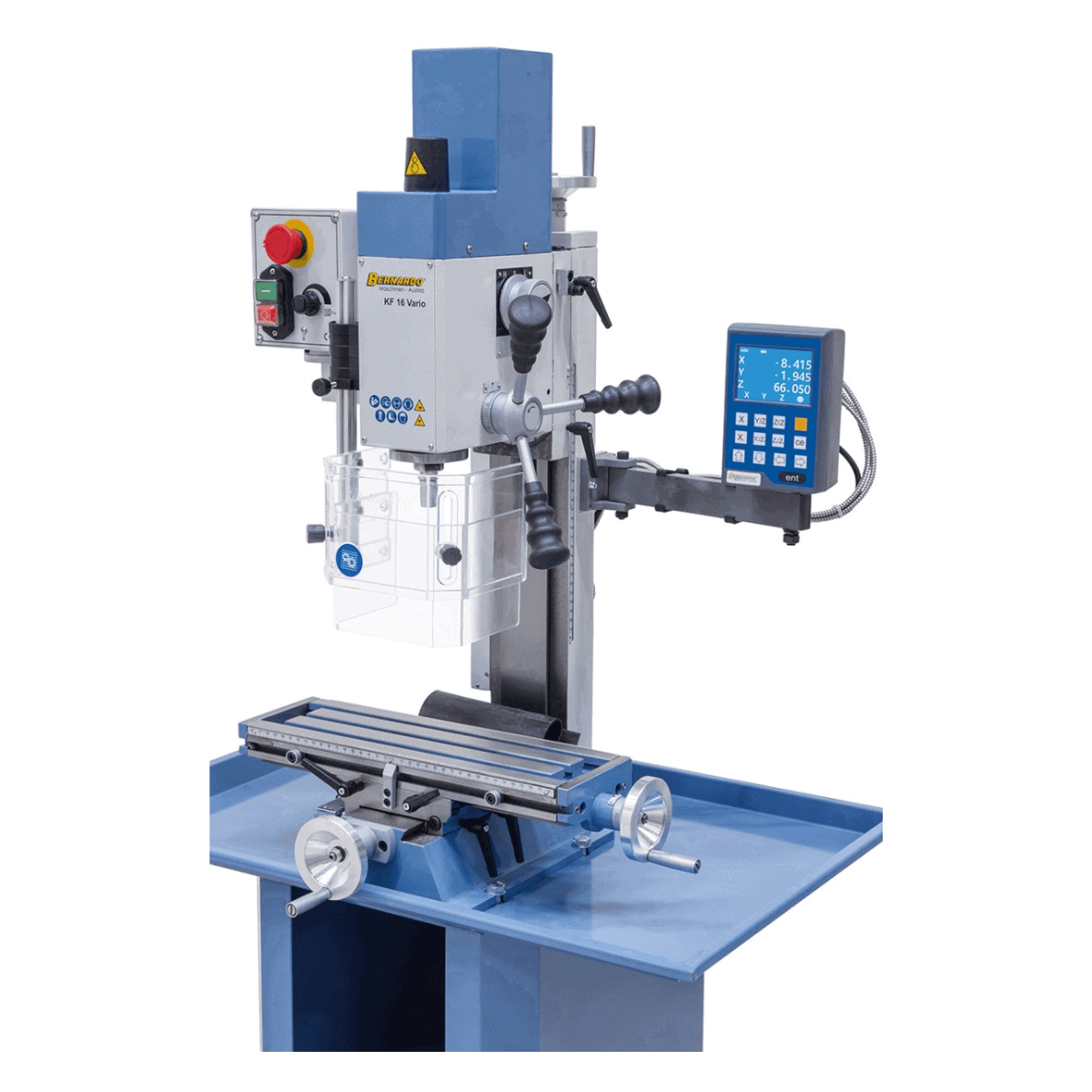 Bernardo KF 16 Vario Bohr- und Fräsmaschine mit 3-Achs-Digitalanzeige DT 40 – Bohrer Ø 16 mm, Planfräser Ø 50 mm, Tisch 400 × 120 mm, Schwenkkopf -90°/+90°, 0,5 kW Motor, 230 V Einphasenstrom, Gewicht 60 kg