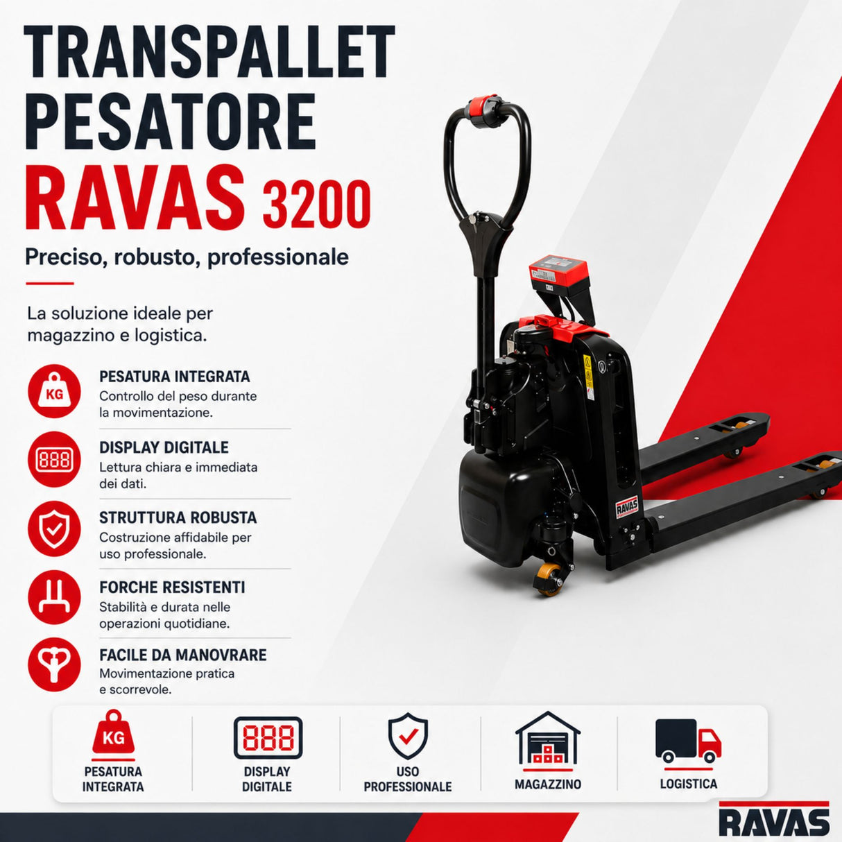 Transpallet elettrico RAVAS Ergo Truck-2 – trazione elettrica, pesatura integrata, Li-ion 24V