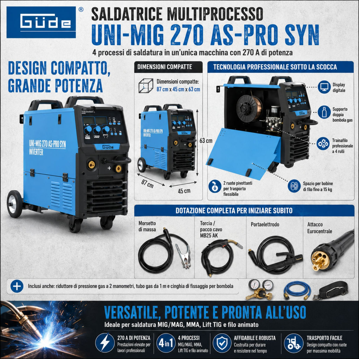 Mehrprozess-Schweißgerät Güde Uni-Mig 270 AS-Pro SYN – Inverter Drehstrom 400V, MIG/MAG, MMA, Fülldraht und WIG