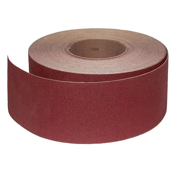 Vista dettagliata del rotolo abrasivo in tela con supporto rinforzato, perfetto per lavorazioni di finitura su calibratrici e levigatrici professionali.