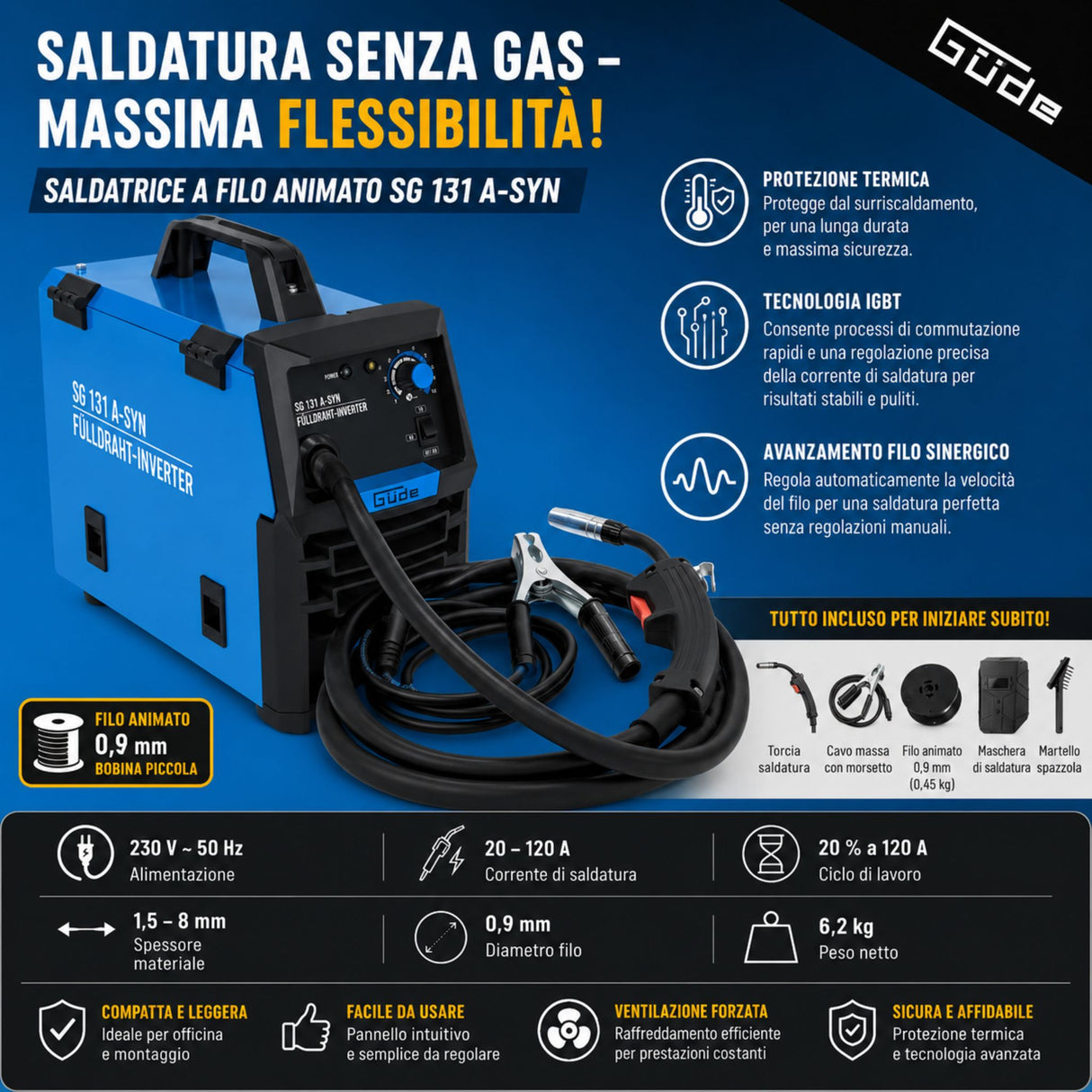 Saldatrice a filo animato Güde SG 131 A-SYN inverter 20-120 A 230V senza gas con torcia e cavo di massa
