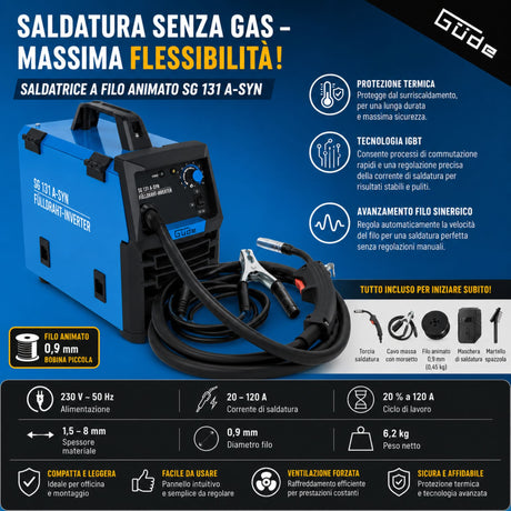Saldatrice a filo animato Güde SG 131 A-SYN inverter 20-120 A 230V senza gas con torcia e cavo di massa
