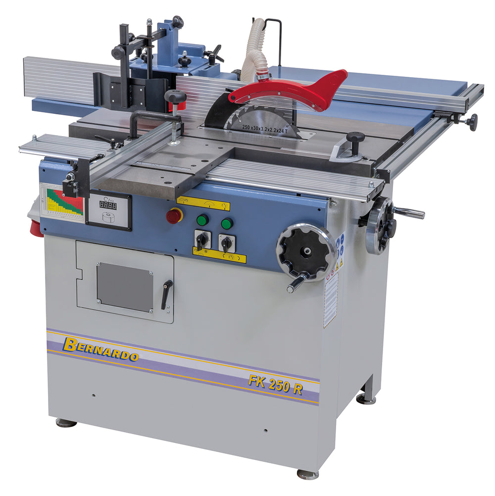 Macchina combinata Bernardo FK 250 R 400V con tavolo scorrevole, sega circolare e toupie verticale, struttura in ghisa e protezioni con attacco aspirazione Ø100 mm.