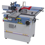 Macchina combinata Bernardo FK 250 R 400V con tavolo scorrevole, sega circolare e toupie verticale, struttura in ghisa e protezioni con attacco aspirazione Ø100 mm.