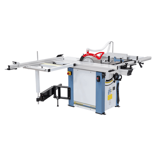 Dettaglio laterale della sega TK 315 P con lama da 315 mm e tavolo scorrevole anodizzato, progettata per tagli di precisione in laboratori artigiani.