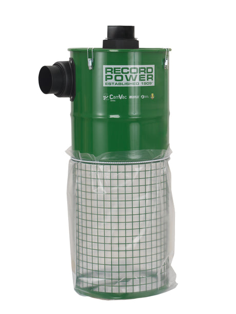 Separatore ciclonico Record Power Defender Interceptor montato a parete con sacco trasparente, ideale per migliorare l’efficienza dei sistemi di aspirazione da 100 mm.