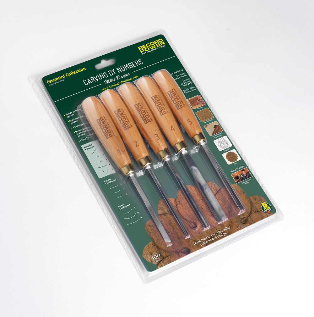 Set di 5 sgorbie da intaglio Carving by Numbers in acciaio cromo-vanadio, ideale per imparare l’intaglio del legno passo dopo passo.